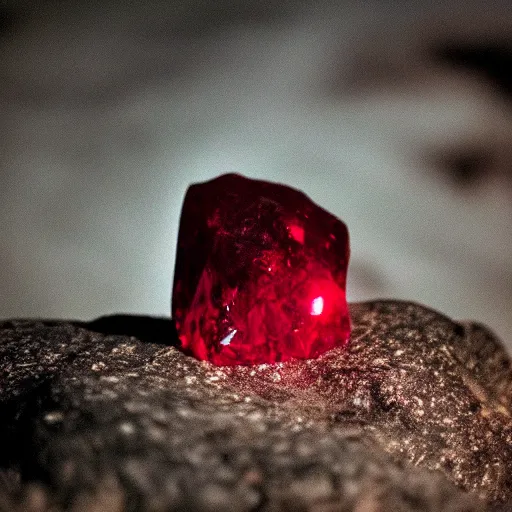 Prompt: a deep red, glowing crystal on a rock, film grain