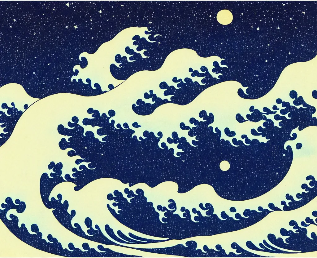 Image similar to dream waves on the starfields by katsushika hokusai and ben wanat ; setting is the halls of space and place that has no beginning and no end