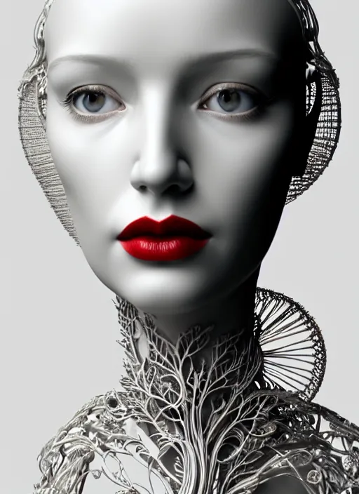 Prompt: complex 3d render ultra detailed of a beautiful porcelain profile woman face, mechanical cyborg, 150 mm, beautiful natural soft light, rim light, silver white gold details, magnolia big leaves and stems, roots, fine foliage lace, maze like, mesh wire, intricate details, hyperrealistic, ultra detailed, mandelbrot fractal, anatomical, red lips, white metal neocubism armor, facial muscles, cable wires, microchip, elegant, octane render, H.R. Giger style, 8k