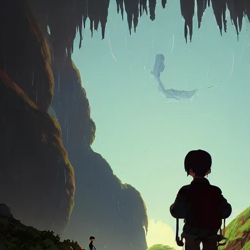Prompt: a boy looks up to a huge cave troll in the everdark cavern by studio ghibli, Makoto Shinkai, beeple, artgerm and Atey Ghailan, Goro Fujita, 4K, highly detailed, inspired by dark souls ((vibrant but dreary brown, blue and black color scheme))