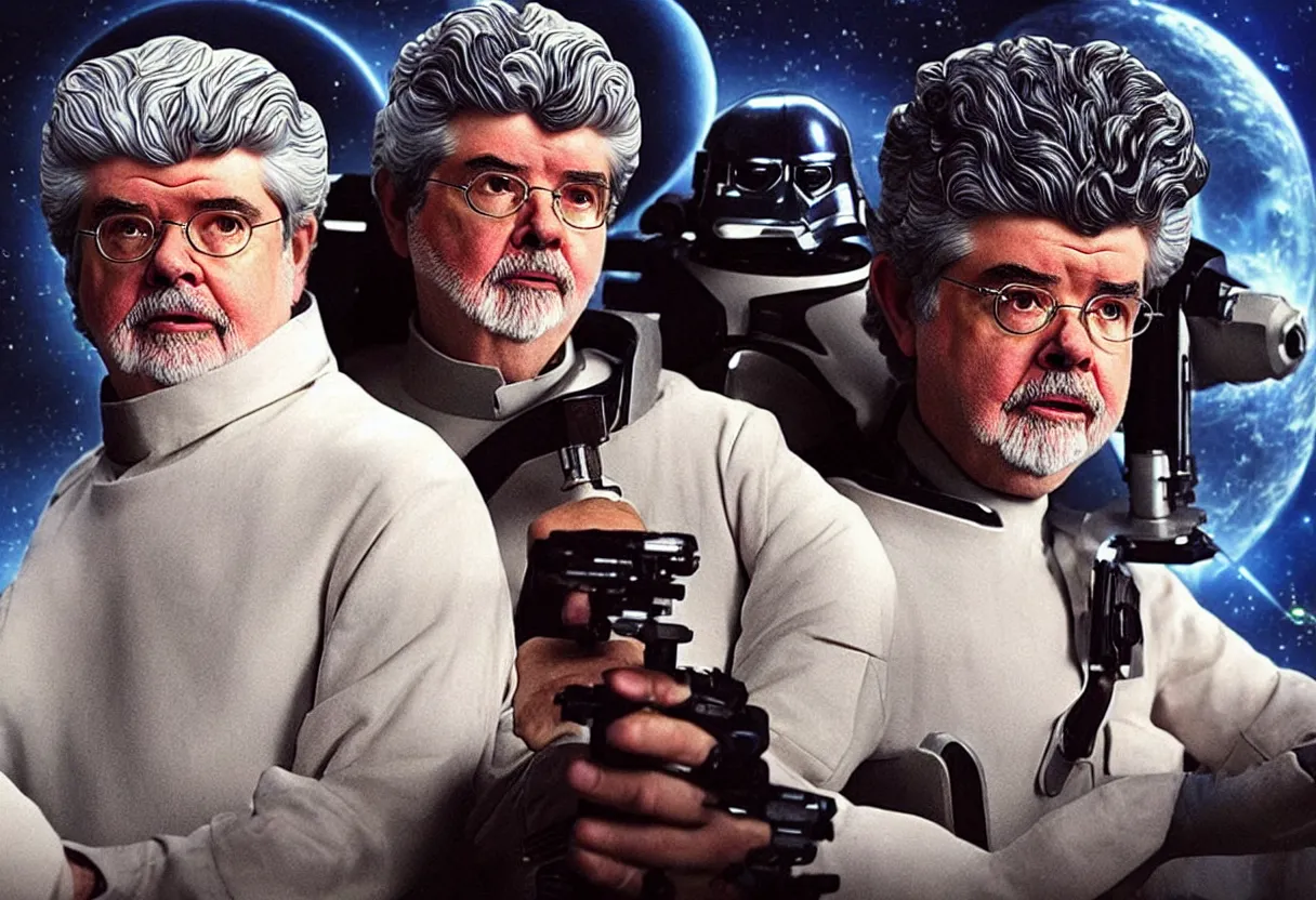 Image similar to “George Lucas stars in his new space opera movie Swiss Cottage, which many claim to be a poor quality knockoff of a Star Wars. HQ movie still. Be creative! I’m counting on you to impress me, Stable Diffusion, don’t let me down with some shonky looking AI bullshit”