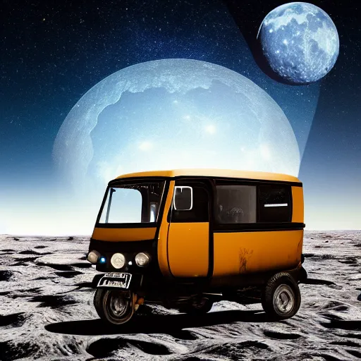 Image similar to a dark blue bajaj tuk tuk traveling on the surface of the moon, moon craters, night sky, milky way, hard lighting, matte painting, concept art, 4k