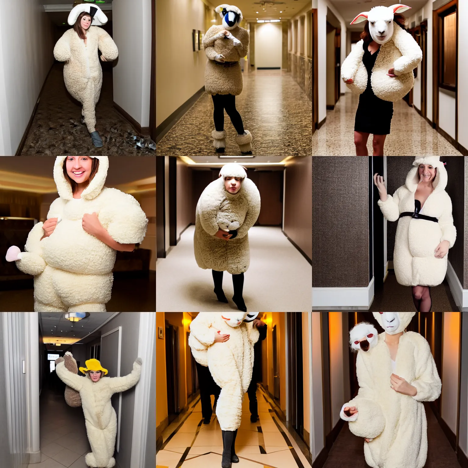Prompt: woman in a professional sheep costume, in a hotel hallway, flash photography