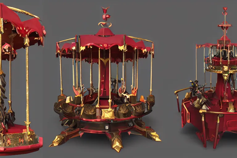 Image similar to 3d sculpt of an evil ironwork carousel, artstaton, League of Legends, red dead redemption2, overwatch, digital illustration