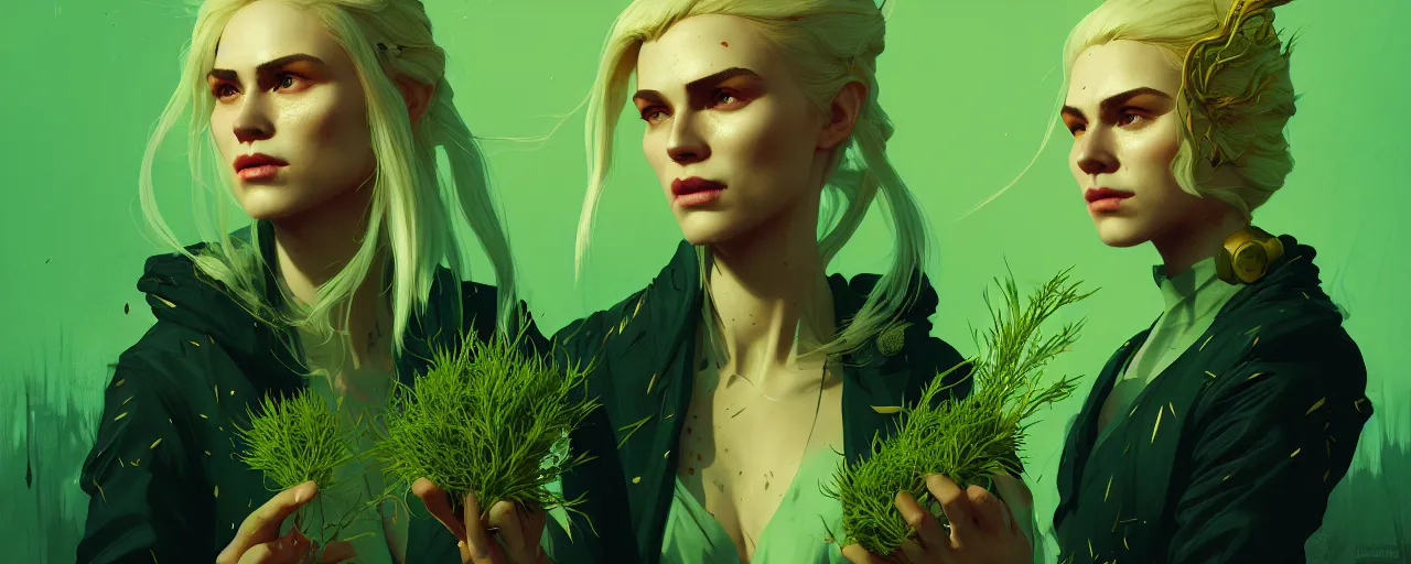 Image similar to duotone golden green noir illustration 3 / 4 portrait of keira metz with herbs sorceress from witcher 3 platin blonde hair folk in rustical clothes. by sachin teng and sergey kolesov and ruan jia and heng z. graffiti art, scifi, fantasy, hyper detailed. octane render. concept art. trending on artstation