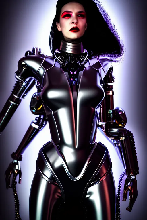 Prompt: beautiful powerful female glossy futuristic cyborg with curved metal Loki horns and chrome motorcycle parts, full body, dark fantasy, neon bar lights, 3d render, octane, 8k, volumetric lighting, hyper-realistic,, diffuse lighting, intricate, highly detailed, life like, photorealistic, digital painting, trending on artstation, smooth, sharp focus