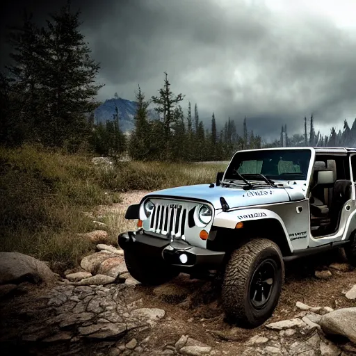 Prompt: Jeep, Professional Photography, Skyrim, Off-roading, Mountain landscape, dirt, road, cinematic color, photorealistic, highly detailed wheels, highly detailed