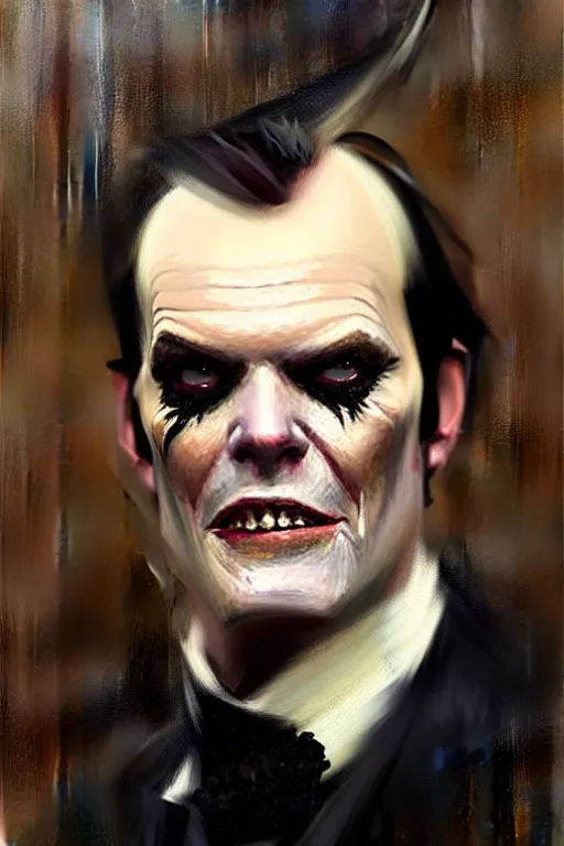 Prompt: impressionist brushstrokes!!!! beeple and richard schmid and jeremy lipking victorian loose genre loose painting full length portrait painting of a victorian male vampire ( ( jack nicholson ) )