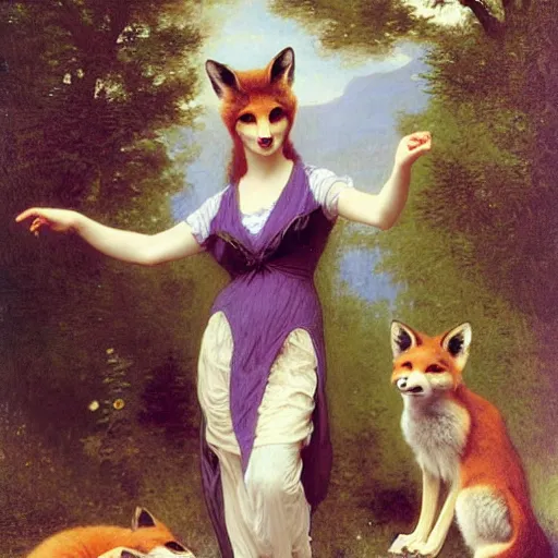 Image similar to An anthropomorphic fox maiden in a purple dress, cottagecore, by bouguereau