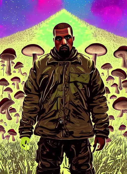 Prompt: portrait of kanye west stars in the sky fairies with detailed faces enchanted forest mushrooms on the ground psychedelic wide angle shot white background vector art illustration gears of war illustration gta 5 artwork of kanye west, in the style of gta 5 loading screen, by stephen bliss by hieronymus bosch and frank frazetta