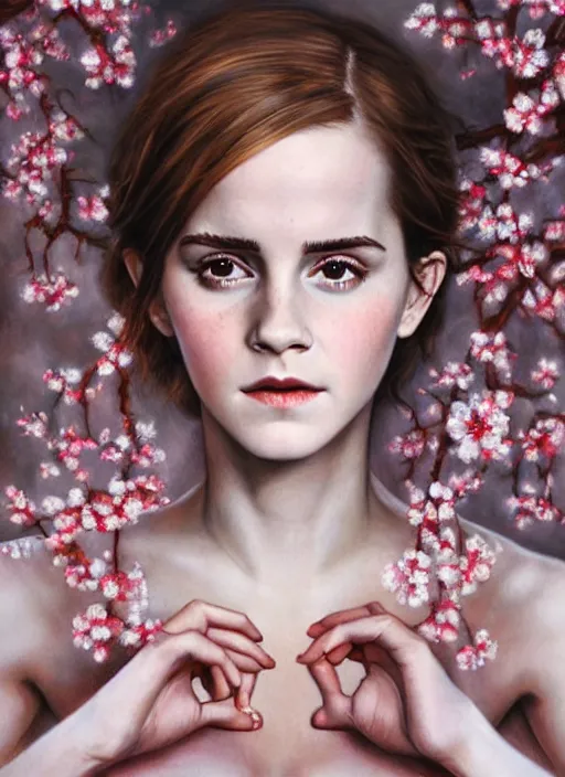 Prompt: beautiful oil painting of a movie poster of emma watson by chie yoshii, full body portrait, cherry blossoms, symmetrical face, giant eyes, gorgeous, ginger hair, cute, pretty, dramatic lighting