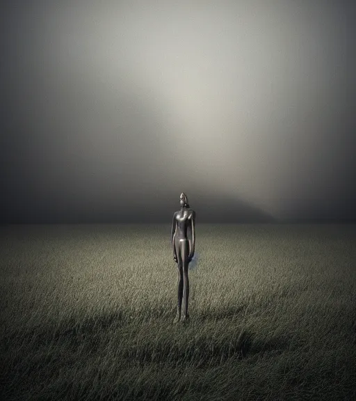 Prompt: surreal woman sculpture made of fence spike, in the gallery, foggy sky, dark night, octane render, unreal engine, pale colors, high detail, 8 k, wide angle, trending on artstation, behance