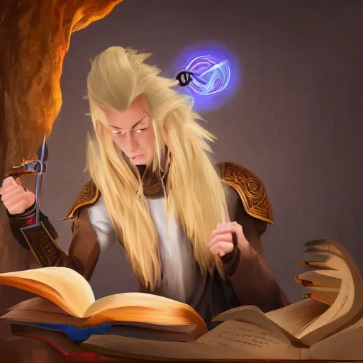 Image similar to A mage with blonde hair reading a spell book with a wand strapped to his back. Fantasy, digital painting, HD, 4k, detailed.