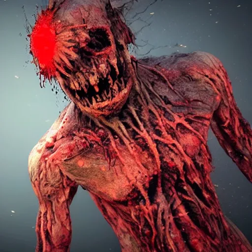 Image similar to A realistic detailed photo of a creepy demon, blood, exploded belly, red eyes, destroyed body, dead skin, dead trees, detailed body, teeth filled with cavities, foggy landscape, creepy, light particles, detailed light, realistic shaders, trending on artisation, detailed textures, detailed, realistic.