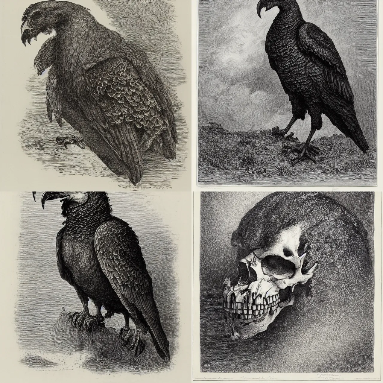 Prompt: an engraving of a skull - headed raven by gustave dore, john blanche, ian miller, highly detailed