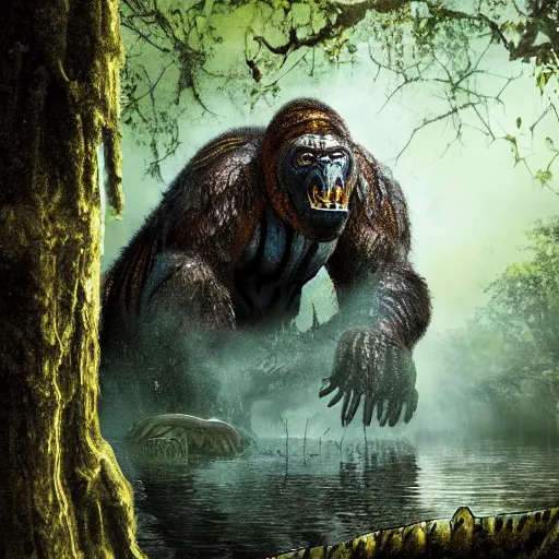 Image similar to A photograph of a giant monster lurking in the swamp, crocodile, mangrove swamp, murky water, vines, gorilla, trending on artstation, ((tiger)), Godzilla