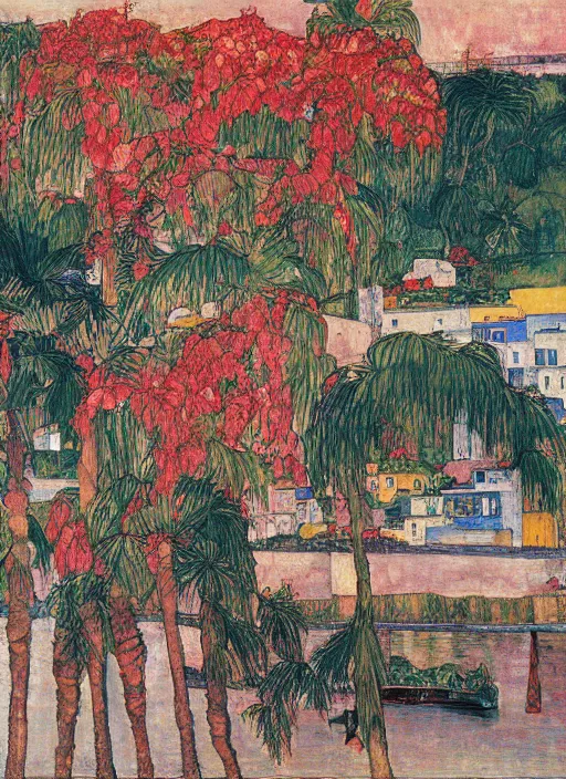 Prompt: bayonne bridge on local river, 3 boat in river, 2 number house near a lot of palm trees and bougainvillea, hot with shining sun, painting by egon schiele