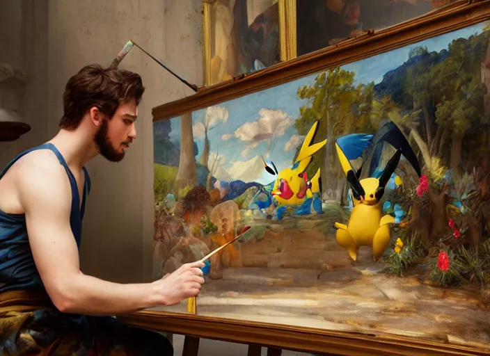 Image similar to a young painter in his studio painting a picture of a colourful pokemon, by edgar maxence and caravaggio and michael whelan and delacroix style, artistic, intricate drawing, cinematic lighting, hyper realistic, extremely detailed, establishing shot, 8 k resolution, dramatic lighting