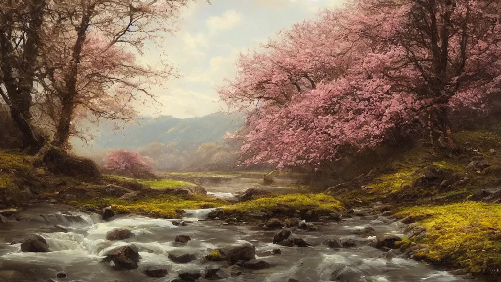 Image similar to A beautiful landscape oil painting of a hill with trees, the spring has arrived and the trees are blooming and covered with colorful flowers, the river is zigzagging and flowing in its way, the river has lots of dark grey rocks, by Greg Rutkowski