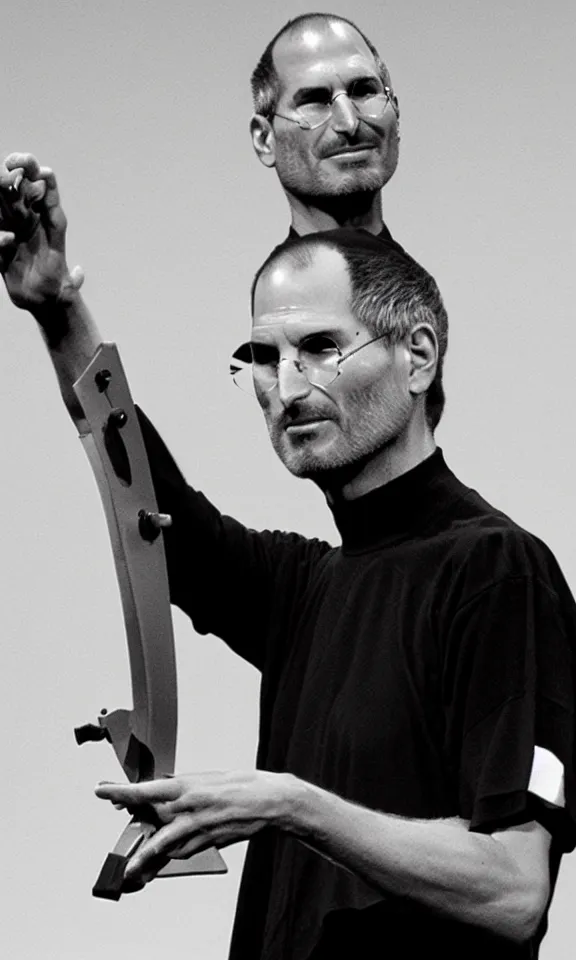 Image similar to steve jobs revealing their new hand saw at a keynote, press photo