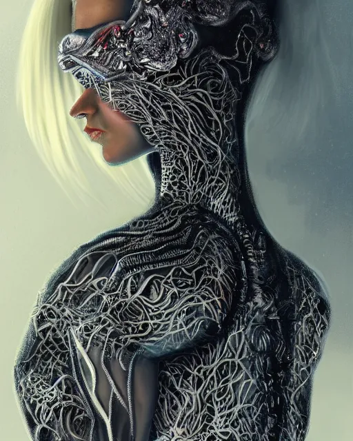 Image similar to Girl at a fashion show in hell, fire, lava, intricate, elegant, highly detailed, digital painting, artstation, concept art, smooth, sharp focus, illustration,photo for magazine, Designer clothes, futuristic clothes, voge photo, fashion style, fullbody, in full growth, Clear facial features, photorealistic, high resolution, highly detailed, details, good clear quality, art by Zdzisław Beksiński