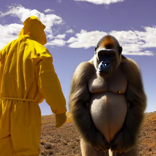 Image similar to A photo of a gorilla in a hazmat suit with Walter White, New Mexico desert, cinematic lighting