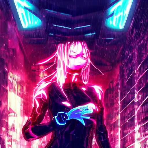 Image similar to digital cyberpunk anime!!, shattered cyborg - body, cyborg - girl in the style of arcane!!!, lightning, raining!!, water refractions!!, black red fade long hair!, biomechanical details, neon background lighting, reflections, wlop, ilya kuvshinov, artgerm