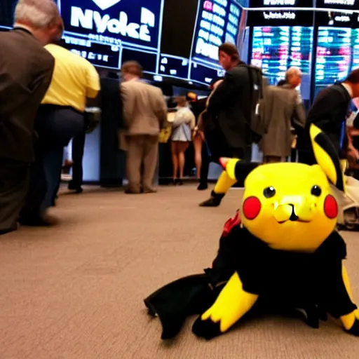 Prompt: pikachu trading on the floor of the new york stock exchange, hd photo, circa 2 0 0 8