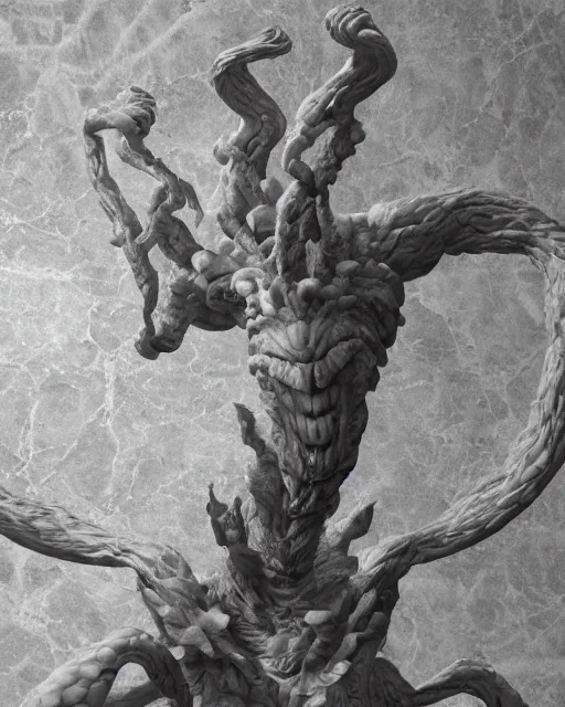 Image similar to an old marble statue of a hydra from herculean myths, hyper realistic, 4 k, grainy marble, hyper detailed