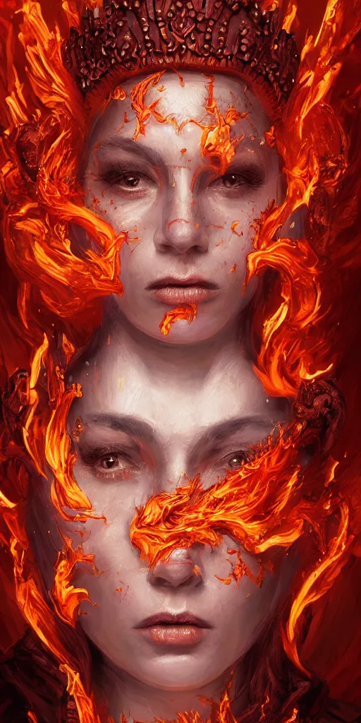 Image similar to Fantasy character portrait of distorted detailed painting of a queen woman made of fire, hyper detailed, red flames, trending on Artstation