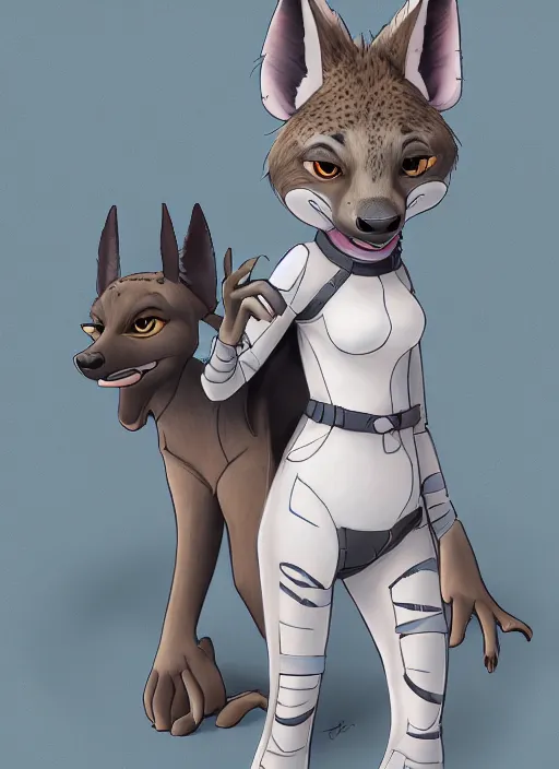 Image similar to digital detailed full body of anthromorphic female hyena, in style of zootopia, zootopia, zootopia, fursona, furry, furaffinity, 4 k, deviantart, furry art, fursona art, wearing astronaut outfit, in style of zootopia, hyena fursona, cyberpunk, female, detailed feminine face,