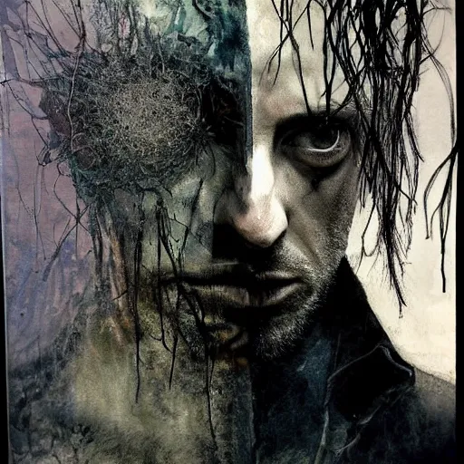 Image similar to stunning portrait of gaunt adrien brody a ( the cure fan ) as dream from sandman, dim stars as eyes, by jeremy mann, by cedric peyravernay, by by russ mills, by richard avedon and ben templesmith, dramatic lightning, sadness, dark eye sockets, in the shadows, punk rock, gothic, high detailed, 8 k