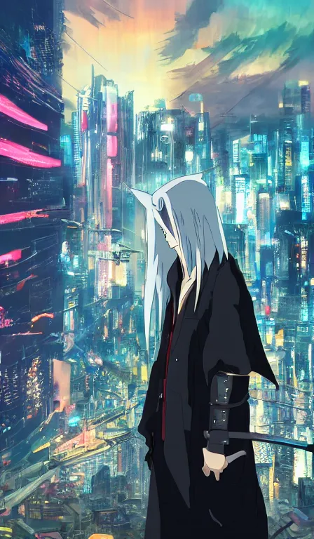 Image similar to anime fine details portrait of Sephiroth in front of cyberpunk moder city landscape on the background deep bokeh, close-up view, anime masterpiece by Studio Ghibli. 8k, sharp high quality anime, artstation