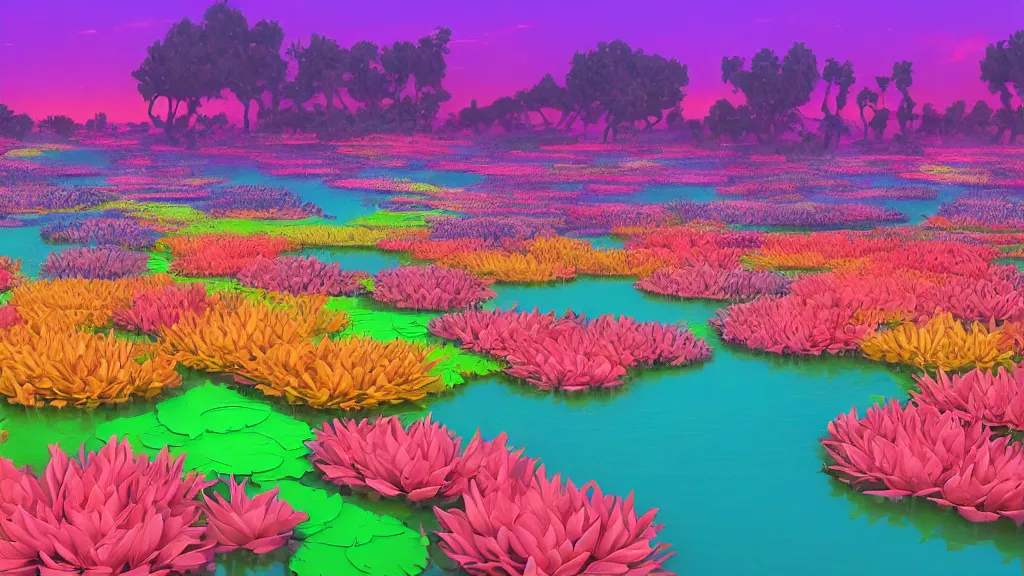 Image similar to digital illustration of a lake full of multi - colored megaflora lotus flowers by dr. seuss, reimagined by ilm and beeple : 1 | spectral color, electric color, rolling hills : 0. 9 | fantasy : 0. 9 | unreal engine, deviantart, artstation, hd, 8 k resolution : 0. 8