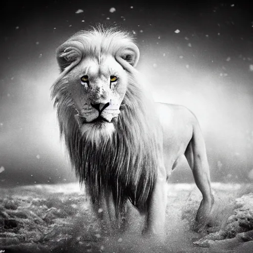 Image similar to an award winning picture of a white lion wearing furs in the snow by Lee Jeffries, 85mm ND 5, perfect lighting in a snow storm