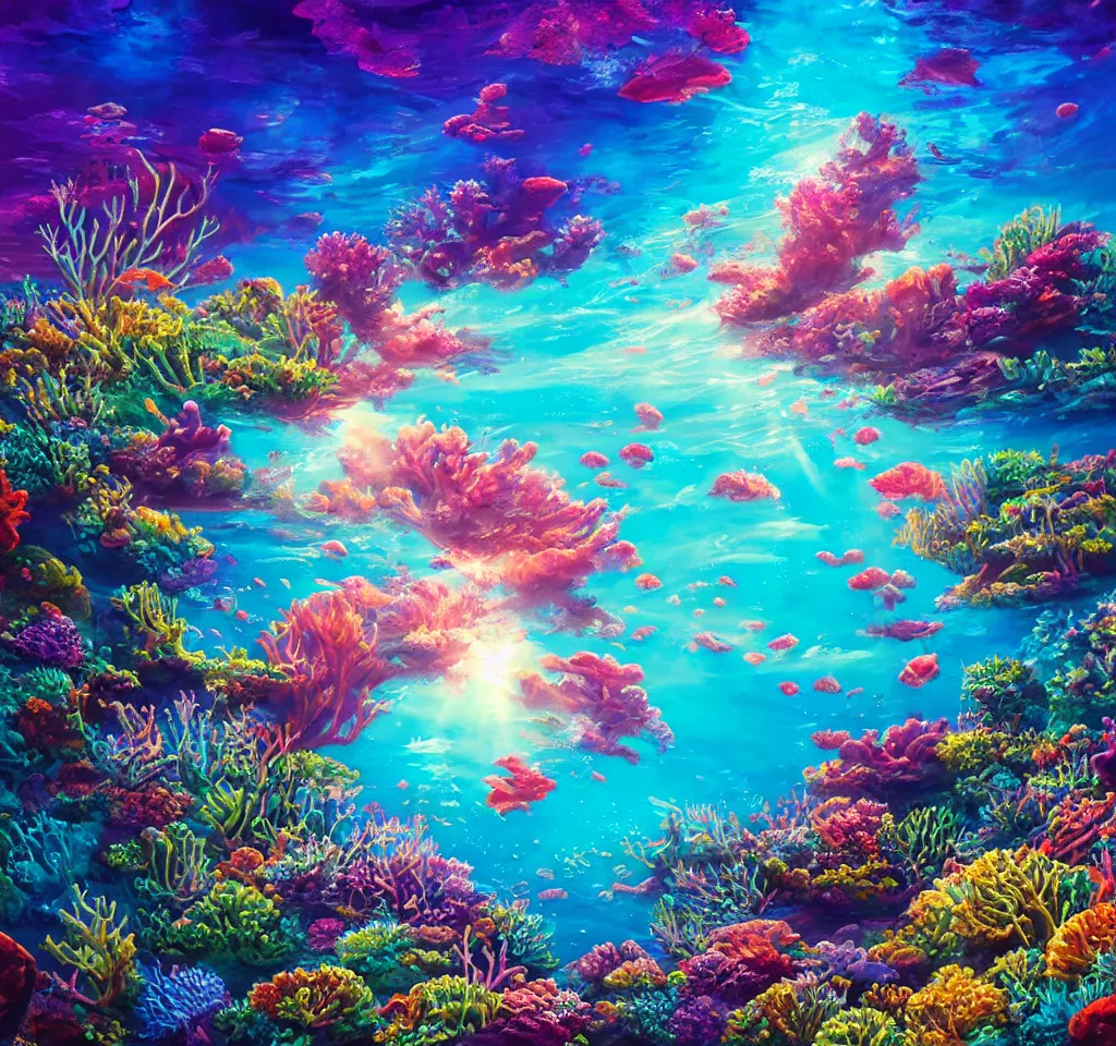 Image similar to underwater neon coral reef landscape magical realism painting with sun rays coming from above, neon pastel colors