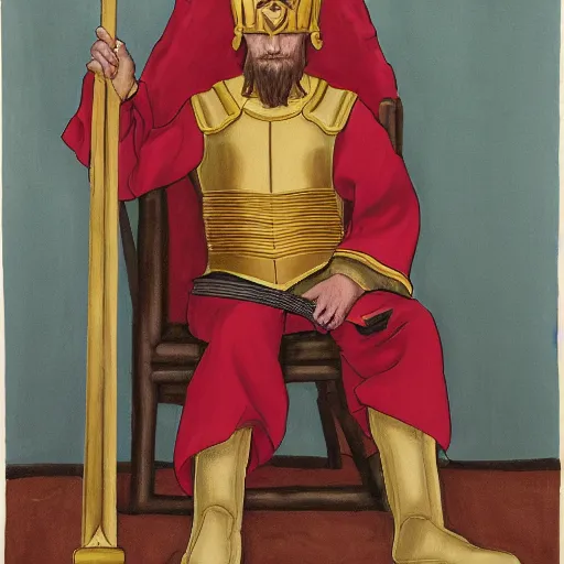 Prompt: modern self portrait of man sitting on throne, legs crossed, while holding a sword, white man, hispanic, brown hair, light skin, golden throne, red robes, 8 k, hi - rez, circles, lamented, clear, brown eyes, colored, sharp, pencil art, illustrated by lee friedlander