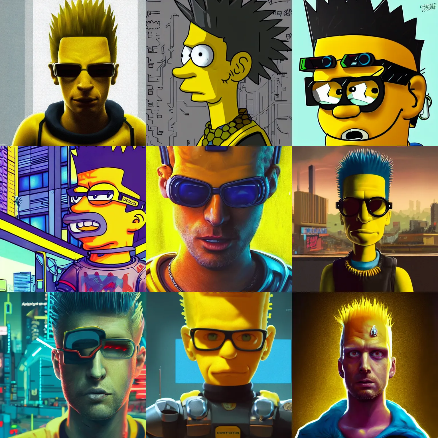 Prompt: portrait of Bart Simpson as a character in Cyberpunk 2077, looking at camera, intricate, dystopian, sci-fi, extremely detailed, cartoon, artstation