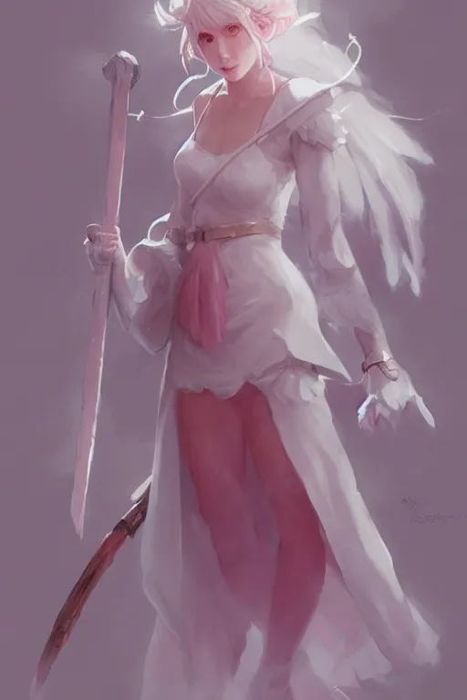 Prompt: 3 / 4 portrait of a cute white mage with a staff, soft, pink, artgerm and and greg rutkowski, trending on artstation