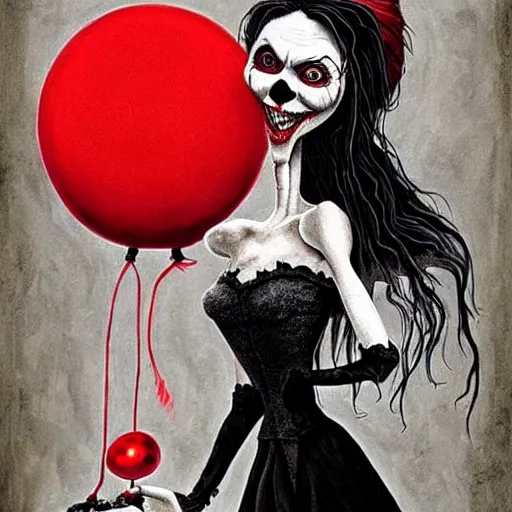 Prompt: grunge painting of insidious with a wide smile and a red balloon by chris leib, loony toons style, pennywise style, corpse bride style, horror theme, detailed, elegant, intricate