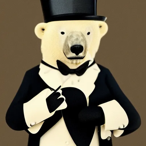 Image similar to a polar bear wearing a monocle and wearing a top hat and wearing a tuxedo, holding a cane, hd photography