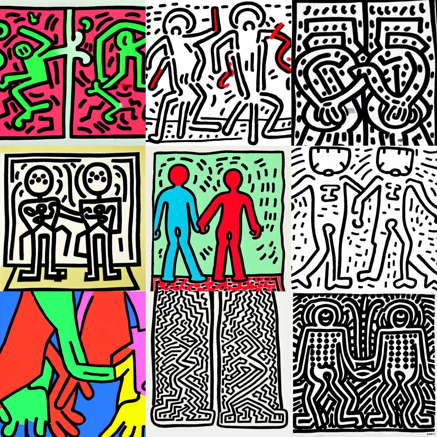 Prompt: 2 gay men holding hand by keith haring. fully clothed. hd