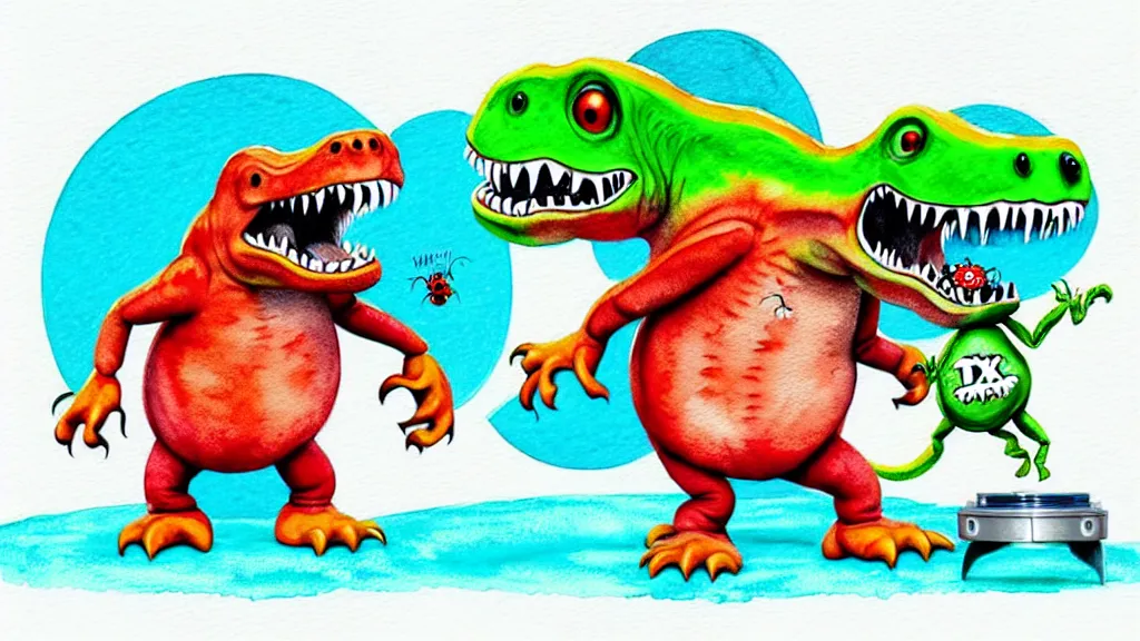 Prompt: cute and funny, t - rex wearing a t - shirt dancing with a ladybug of the same size, ratfink style by ed roth, centered award winning watercolor pen illustration, isometric illustration by chihiro iwasaki, edited by range murata, tiny details by artgerm and watercolor girl, symmetrically isometrically centered