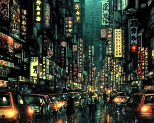 Image similar to crowded tokyo street at night, the animatrix, atmospheric, cinematic composition, 8 k, cinematic lighting, blade runner