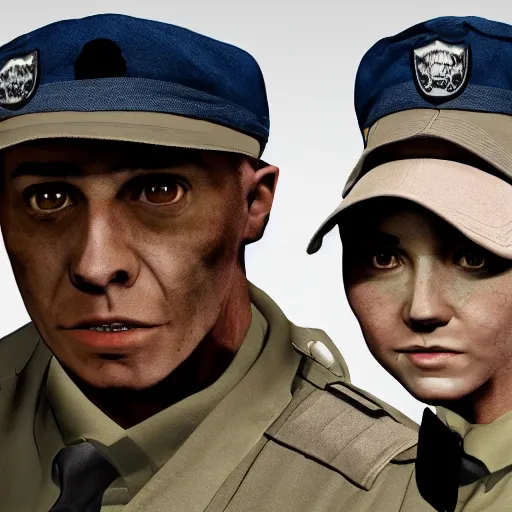 Prompt: ( ( beige ) ) uniform and caps zombie security officers trending on artstation very high detail 4 k 8 k hd