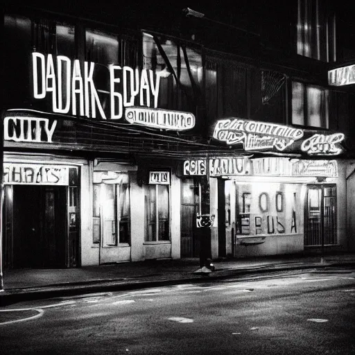 Image similar to 1950s film noir city street, dark, menacing, moody, film grain, grimy