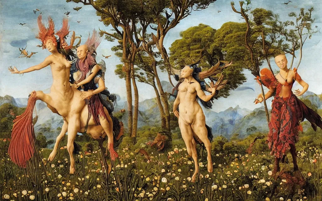 Image similar to a portrait photograph of a meditating harpy and a centaur king riding eagles and hunting at a river delta. surrounded by bulbous flowers, animals and trees. mountains range under a blue sky of burning stars. by jan van eyck, max ernst, ernst haeckel, ernst fuchs and artgerm, artstation, daily deviation, 8 k