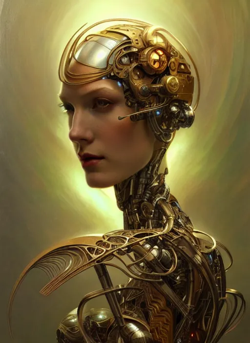 Image similar to organic cyborg, art deco, diffuse lighting, fantasy, intricate, elegant, highly detailed, lifelike, photorealistic, digital painting, artstation, illustration, concept art, smooth, sharp focus, art by John Collier and Albert Aublet and Krenz Cushart and Artem Demura and Alphonse Mucha