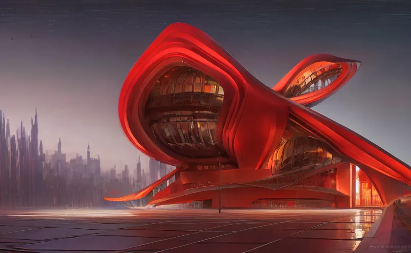 Image similar to exterior shot of utopian architecture red building with cinematic lighting by zaha hadid and renzo piano, darek zabrocki and greg ruthkowski, alphonse mucha, simon stalenhag, cinematic, stars, beautiful, holy place, paradise, scifi, futurism, atmospheric, concept art, artstation, trending on artstation