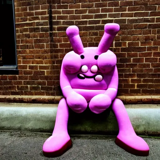 Image similar to Mr Blobby sitting depressed in a smoky cafe